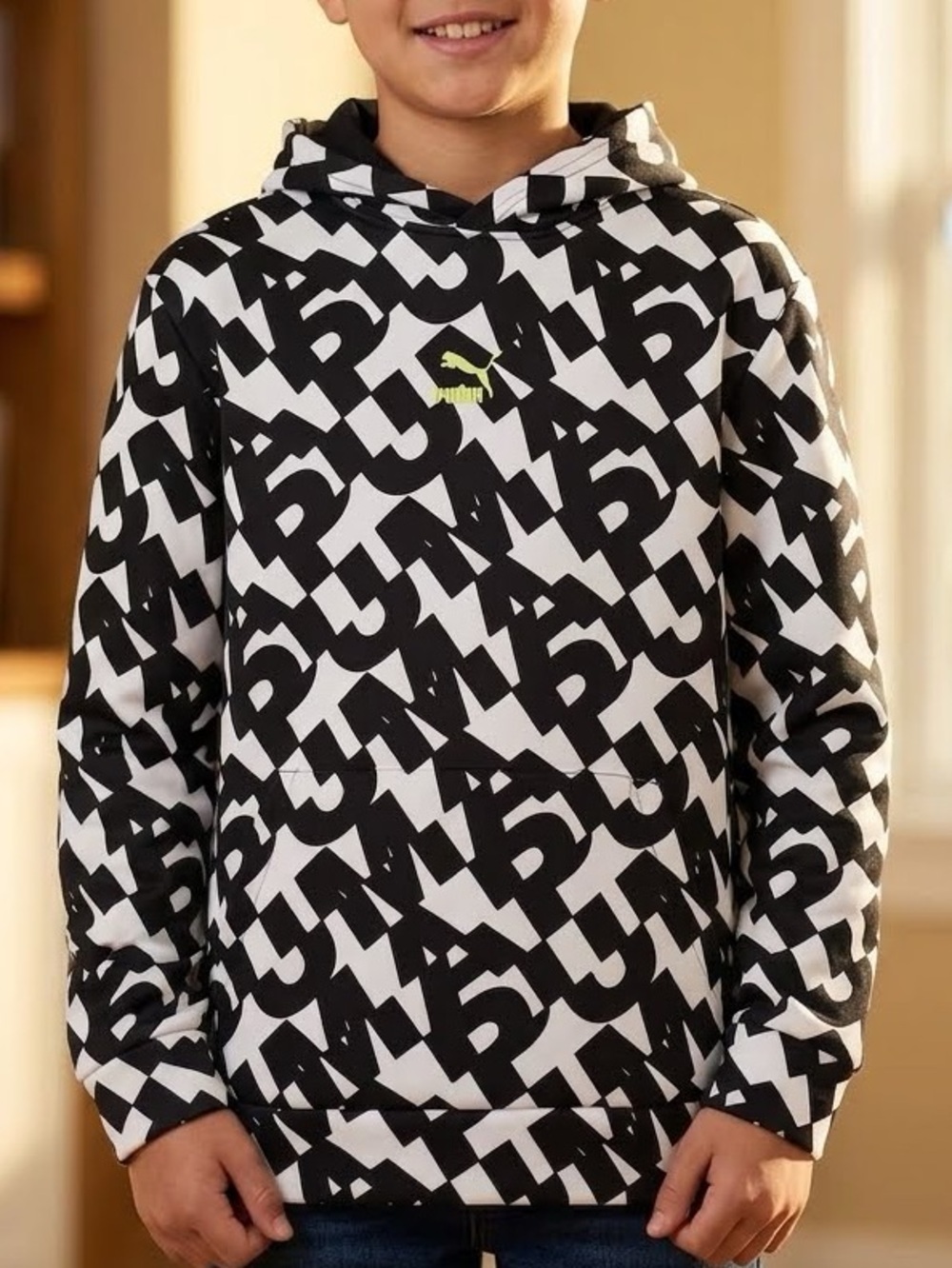 Puma | Allover Logo Graphic Hoodie | Black/White | Youth XL 18-20